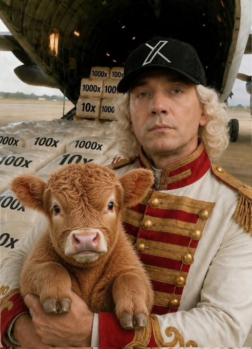 A man wearing a black 'X' cap and an ornate red, white, and gold military-style jacket, holding a brown calf in front of a cargo plane loaded with packages labeled '1000x' and '100x'.