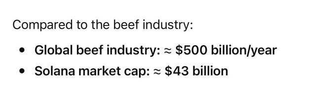 A simple text slide comparing financial figures: "Global beef industry: ≈ $500 billion/year" and "Solana market cap: ≈ $43 billion".