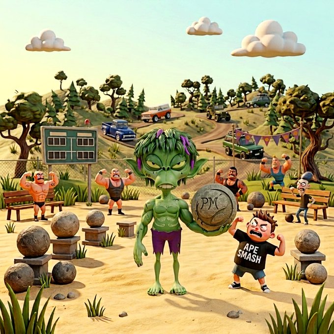 A 3D cartoon scene showing a green zombie-like character with a 'PYM' ball confronting an angry boy wearing an 'APE SMASH' shirt, surrounded by muscular wrestlers in a park setting.