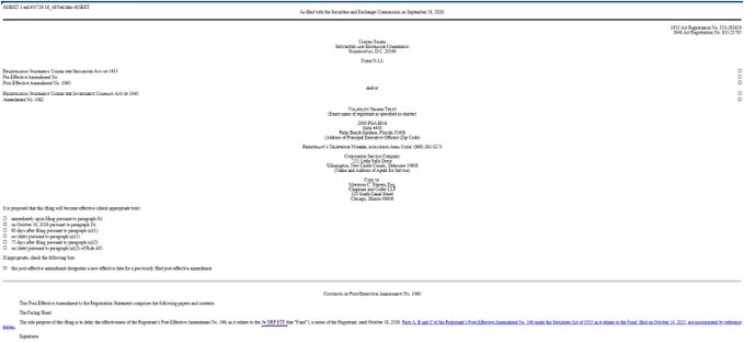 The image shows an SEC EDGAR filing notice from the **Post-Effective Amendment** page for **Volatility Shares Trust** (File/Act Numbers: 333-274322 / 811-23488), with a listed filing date of **09/18/2025**. This corresponds to the recent post about Volatility Shares pushing the launch of its **3x XRP ETF** to October 18, confirming the filing is still active rather than cancelled.
