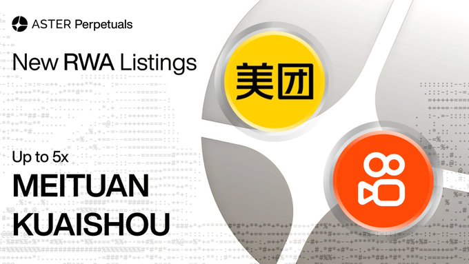 The image is a promotional graphic for ASTER Perpetuals announcing new RWA (Real World Asset) perpetual contract listings for Meituan ($MEITUAN) and Kuaishou Technology ($KUAISHOU), featuring up to 5x leverage, with both companies' logos prominently displayed alongside their names.