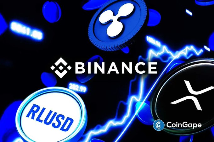 A promotional graphic for Binance and CoinGape features XRP and RLUSD coins against a blue digital background with price chart lines.