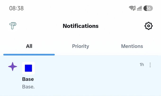 Mobile phone screenshot of a notifications screen showing a single notification from 'Base' with the message 'Base.' received 1 hour ago.