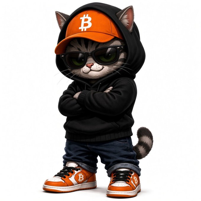 A digital illustration of a cool, anthropomorphic cat wearing a black hoodie, sunglasses, jeans, an orange Bitcoin (₿) cap, and matching Bitcoin-themed sneakers.