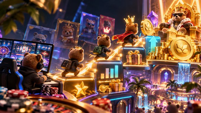 A colorful digital illustration depicting an online casino or gaming theme, featuring teddy bears with crowns, slot machines, poker chips, and gold coins in a neon-lit setting.