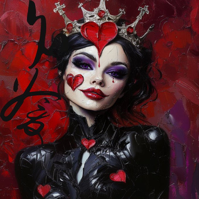 A stylized, dark, textured painting depicts a pale woman with a large red heart on her forehead, wearing a spiked silver crown and a black outfit decorated with smaller red hearts, set against a deep red background.
