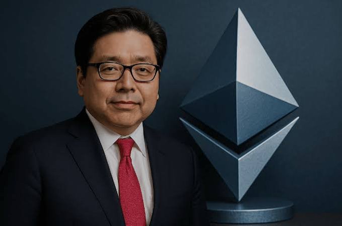 A formal portrait of a man in a dark suit with a red tie standing next to a large 3D Ethereum (ETH) logo on a pedestal against a dark blue background.