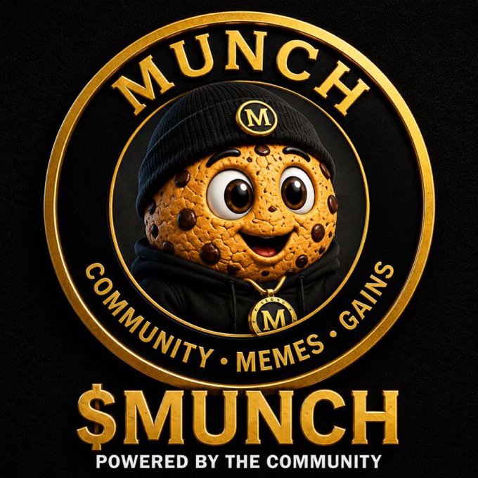 Gold and black coin-style logo for '$MUNCH' featuring a chocolate chip cookie mascot wearing a black beanie and hoodie with 'M' medallion, surrounded by the text 'COMMUNITY • MEMES • GAINS' and 'POWERED BY THE COMMUNITY.'