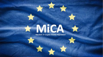 The image displays the European Union flag with "MiCA - Markets in Crypto-Assets regulation" text overlaid, visually representing the EU's regulatory framework referenced in the post about Europe's strategy to license crypto exchanges, delist stablecoins, and develop a digital euro as part of a "new independent Europe" initiative.