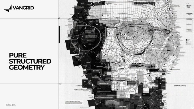 The image showcases "Pure Structured Geometry" by VanGrid, featuring a black-and-white spatial data visualization that resembles an intricate human head composed of geometric overlays and grid patterns, symbolizing the network's structured data framework. The accompanying post highlights VanGrid's verified on-chain activity on Base, including 502,752 total captures, 415 bounties accepted, and 239,990 USDC—underscoring the tangible, real-world product the company has delivered since July, aligning with the artwork's emphasis on structured, verifiable spatial data.