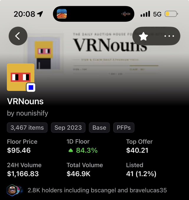 A mobile screenshot of an NFT collection page for 'VRNouns' by nounishify, displaying a floor price of $95.46, a top offer of $40.21, and noting '2.8K holders including bscangel and bravelucas35'.