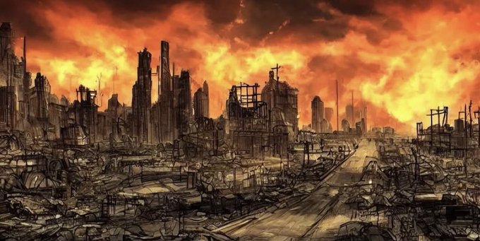 An anime-style illustration depicting a post-apocalyptic destroyed city with ruined skyscrapers under a dramatic fiery orange and yellow sky.