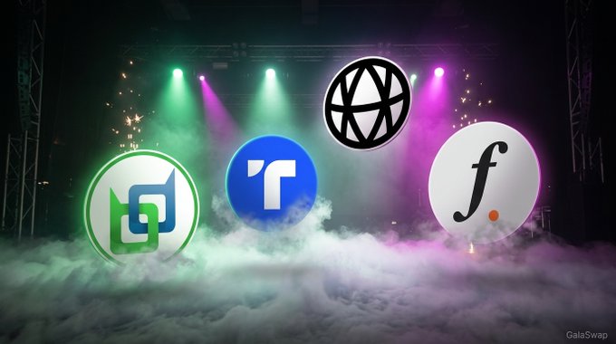 A dramatic stage-lit graphic showcases the logos of four GalaChain tokens (BDX, TUSD, AVA, FF) emerging through colorful green and pink smoke, with the GalaSwap watermark in the corner. The vibrant concert-style backdrop visually amplifies the announcement that these new tokens are now available for peer-to-peer trading on GalaSwap.