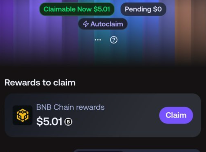 A Trust Wallet rewards screen displaying $5.01 in claimable BNB Chain rewards, illustrating the platform's incentive program that allows users to earn small cashback amounts for trading or holding assets like Ondo RWA as described in the accompanying promotional text.
