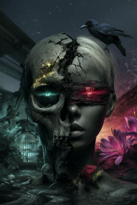 A cracked skull fused with a pale-haired figure wearing a "HELP" blindfold, topped with a black raven and surrounded by vibrant flowers and a glowing birdcage. The image visually embodies "The Cracked Bloom" theme from the Marfa Art 2025 collection, blending decay and beauty to convey a haunting plea for help.