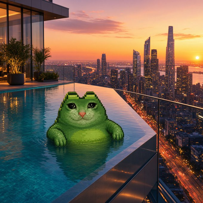 A digital rendering of a green, pixelated frog-like creature relaxing in an infinity pool overlooking a modern city skyline at sunset.