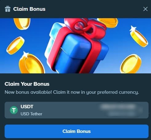 A "Claim Bonus" pop-up from a betting/gaming site appears, featuring a blue gift box with a red bow, gold coins, and a USDT (USD Tether) option selected to claim a promotional bonus. The image likely represents a giveaway or bonus offer related to the Stake stream giveaway mentioned in the post, showing how winners would claim their 10% prize in USDT cryptocurrency.