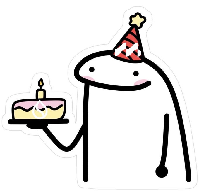 A cartoon ghost-like character wearing a red and white striped party hat holds a birthday cake with a single lit candle.