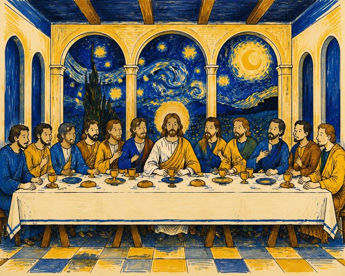 An artistic reinterpretation of the Last Supper in the style of Van Gogh's Starry Night, featuring Jesus and his disciples seated at a long table with a swirling blue and yellow cosmic backdrop.