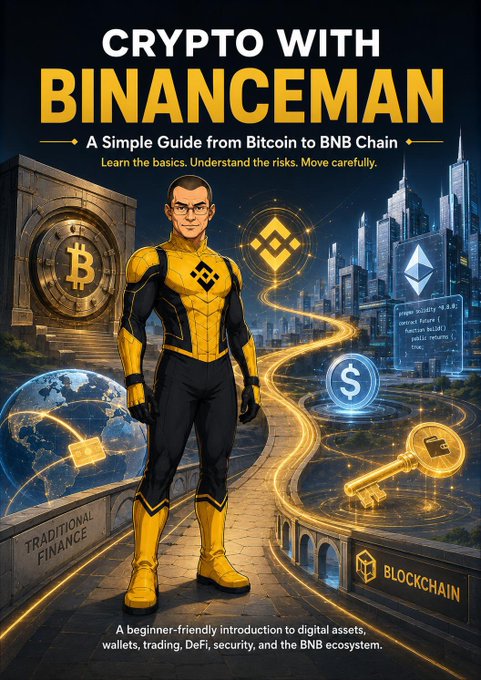 A book cover titled "Crypto with Binanceman: A Simple Guide from Bitcoin to BNB Chain," featuring a superhero figure in a yellow and black BNB-themed costume standing between traditional finance symbols and a futuristic crypto cityscape with Bitcoin, Ethereum, and stablecoin icons. The cover visually reinforces the post's announcement of a beginner-friendly guide covering Bitcoin, blockchain, wallets, Binance, and BNB Chain.