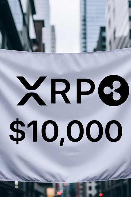 A white flag/banner displaying the XRP logo and the text "$10,000" hanging against an urban backdrop.