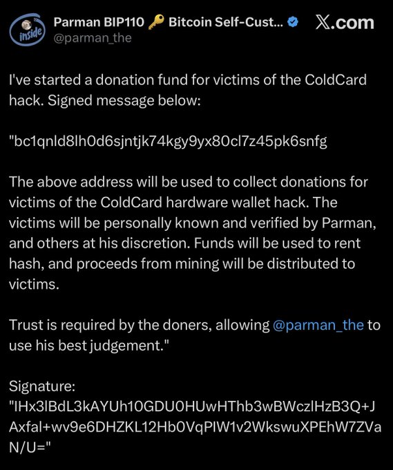 A tweet from Parman (@parman_the) titled 'Bitcoin Self-Cust...' announces a donation fund for ColdCard hack victims, including a signed Bitcoin address and cryptographic signature.
