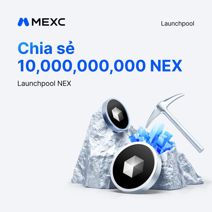 The image features a large rock with two coins placed on top of it, one silver coin and one black coin. The background of the image is white, making the coins stand out prominently. Below the rocks, there's text that reads "Chia se 10,000,000,000 NEX", which translates to "10,000,000,000 NEX" in English. The text also mentions a launchpool event and provides details about how to participate.