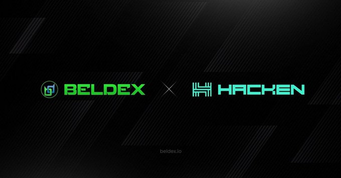 A dark promotional banner featuring the green BELDEX logo on the left and the cyan HACKEN logo on the right, separated by an 'X', with 'beldex.io' displayed at the bottom.