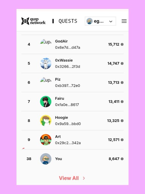 The image shows a screenshot of a Quip Network leaderboard page with various social media icons displayed at the top. The main focus of the image is a person's name, @quipnetwork, who has moved up 5 spots on the leaderboard from 43 to 38. This indicates that their popularity or influence has increased in the Quip Network community.