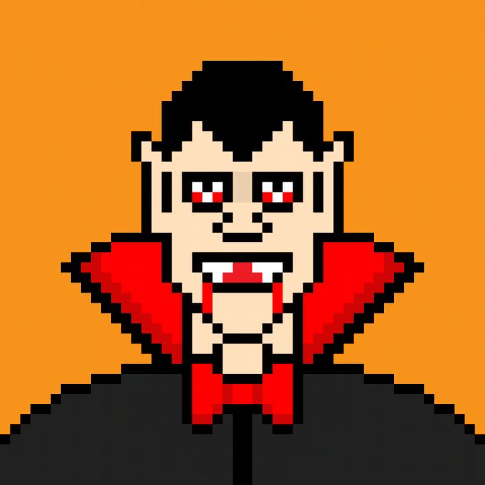 A pixel art illustration depicts a character with black hair, red eyes, and fangs wearing a red coat against an orange background.