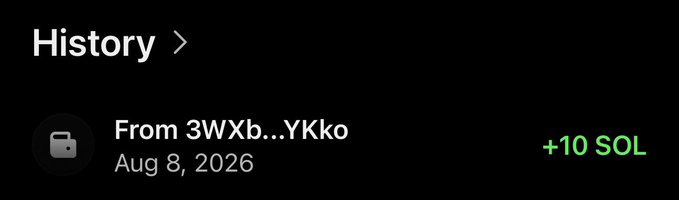 A mobile app transaction history screen showing 'From 3WXb...YKko' dated Aug 8, 2026, with a green '+10 SOL' deposit.