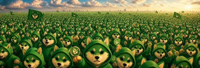 A vast army of green-hoodied Shiba Inu-like characters, some holding green flags with the same dog's face, stand united in a field. This image visually represents a massive community or movement, perfectly aligning with the accompanying "$WOOF" ticker.