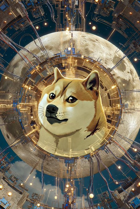 A futuristic sci-fi illustration of a Shiba Inu dog's face surrounded by glowing circuit-board patterns and suspended against a large moon-like sphere with intricate technological structures.