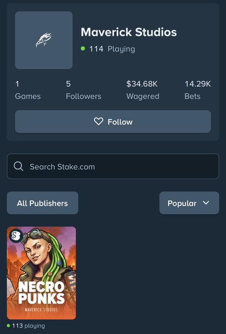 A screenshot of Maverick Studios' profile page on Stake.com shows 114 active players, 5 followers, $34.68K wagered across 1 game, and a featured slot game called "Necro Punks" with 113 players currently playing. The image relates to the accompanying $2,500 giveaway post by promoting the studio's new launch to help grow their follower count toward the 2,500 goal.