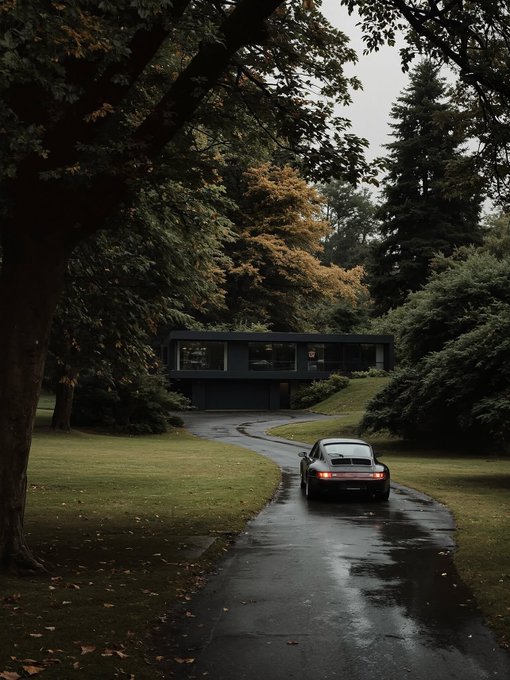 A car drives along a winding, rain-soaked driveway toward a modern, glass-walled house nestled among dense, dark trees. The moody, secluded scene mirrors the post's message of patience and discipline—suggesting that the best opportunities (like arriving home safely) come to those who wait for the right setup rather than rushing through the storm. No text, numbers, or tickers are visible in the image itself.