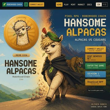 The image shows a landing page for "Hansome Alpacas," Robinhood Chain's first native alpaca meme project, featuring a "$HANSOME" meme coin with a Genesis NFT collection and an "Alpacas vs Cougars" Legacy GameFi game, aligned with the project's recent launch and brand-building efforts.