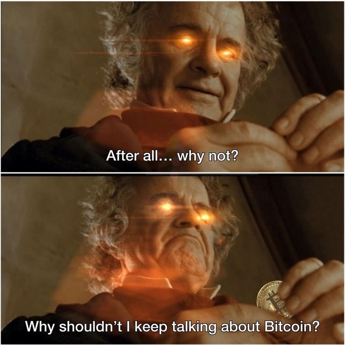 The image shows a man with yellow eyes, possibly an older character from a movie or TV show, wearing glasses and holding a coin. The text above the image reads "Why should I keep talking about Bitcoin?".