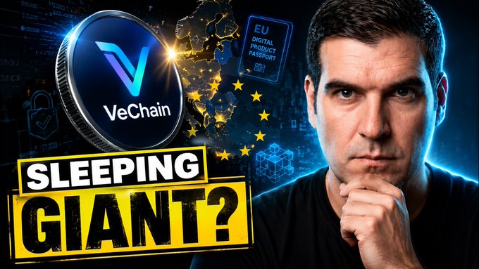 A YouTube thumbnail featuring a man in a thoughtful pose alongside the VeChain logo, a "SLEEPING GIANT?" headline, and an "EU DIGITAL PRODUCT PASSPORT" badge—visually promoting the video's thesis that VeChain could emerge as a leading blockchain for the EU's new digital product passport regulations.