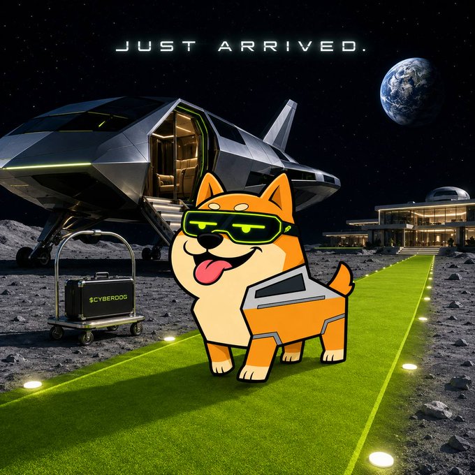A digital artwork featuring a cartoon Shiba Inu wearing neon green sunglasses and holding a device, standing on a green carpet on the moon with a spaceship, Earth, and "CYBERDOG" luggage in the background under the text "JUST ARRIVED."