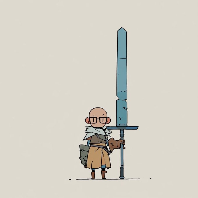A small cartoon illustration of a bald, bespectacled character holding a large, oversized blue sword, dressed in a brown tunic with a white cape.