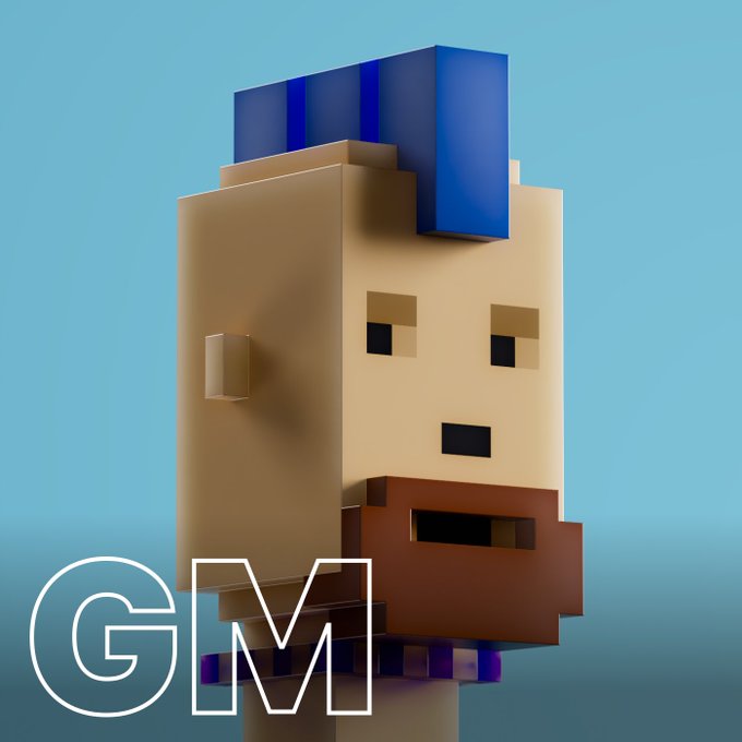 A blocky, 3D-modeled character head with a beige face, blue hair, and a brown beard has the large white outlined letters 'GM' on the lower left.
