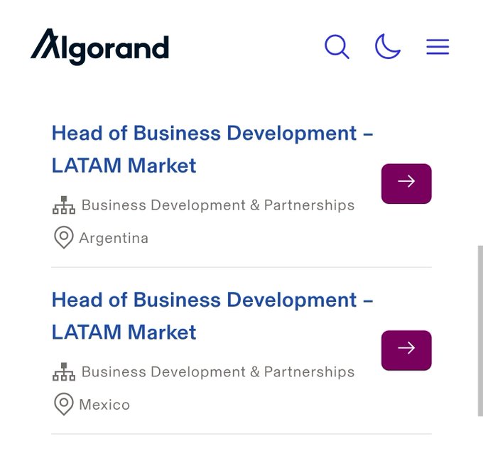 The image displays a screenshot of an Algorand website that features two lists of head and business development titles along with their corresponding locations - "Head of Business Development" and "Business Development & Partnerships", both in Latin America and Argentina. These lists suggest that the company is expanding its operations into these regions, and they are looking for skilled professionals to join them for various positions related to business development and partnerships.