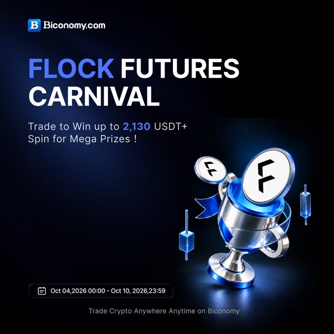 An advertisement for 'FLOCK FUTURES CARNIVAL' by Biconomy.com, offering prizes of up to 2,130 USDT+ from Oct 04, 2026, 00:00 to Oct 10, 2026, 23:59, featuring a 3D trophy with FLOCK coin logos.