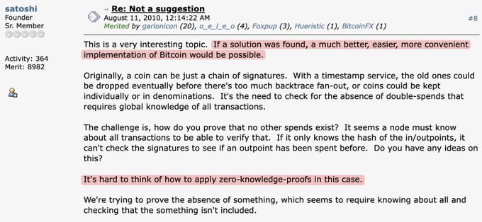 A forum post by Bitcoin founder "satoshi" dated August 11, 2010, discussing technical challenges of proving transaction history without requiring global knowledge of all transactions, with key highlighted text noting that "If a solution was found, a much better, easier, more convenient implementation of Bitcoin would be possible."