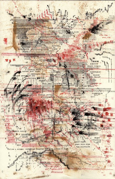 An abstract mixed-media artwork featuring typewriter text, red and black ink splatters, and printed patterns resembling a decaying manuscript.