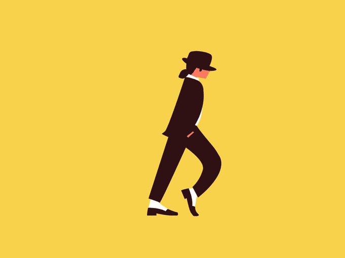 A minimalist flat illustration of a man in a black suit and hat walking against a bright yellow background.