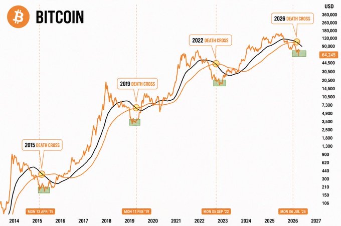 The image displays a Bitcoin price chart spanning from 2014 to 2027, highlighting four significant "death cross" events in 2015, 2019, 2022, and 2026 (MON 06 JUL '26), where the short-term moving average crosses below the long-term moving average. The current price is marked at $64,245 USD, illustrating these bearish technical signals against Bitcoin's historical price movements.