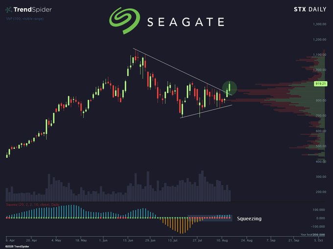 A TrendSpider daily candlestick chart of Seagate (STX) showing a symmetrical triangle breakout near $919.21 with a Squeeze indicator, suggesting a bullish momentum setup that aligns with the post's "We need more storage $STX" sentiment.