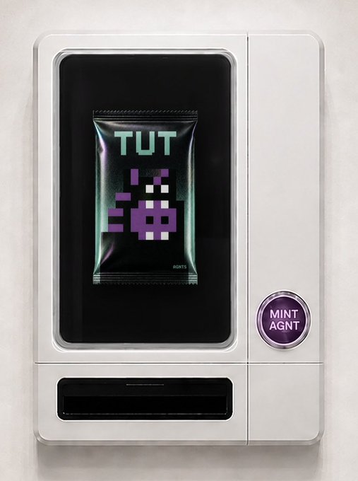 A vending machine displays a pixel-art candy bag labeled "TUT" with a "MINT AGNT" button, visually representing the NFT minting process for the AGNT project by @Tuteth_, cleverly framing the digital mint as a tangible, machine-dispensed collectible.