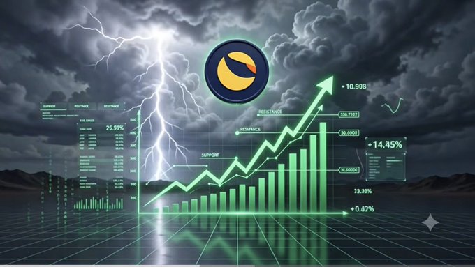 An animated graphic of an upward-moving bar graph with a lightning bolt above it, accompanied by the text "Sending $LUNC TO $1". The graphic represents the growth and expansion of Bitcoin over time, symbolized by the upward curve of the bars in the graph. This powerful visual effectively conveys the concept of Bitcoins' rising value and potential returns to its investors.